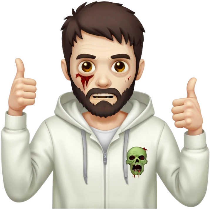 zombie with thumbs up gesture wearing white hoodie, with dark brown hair and short full beard emoji