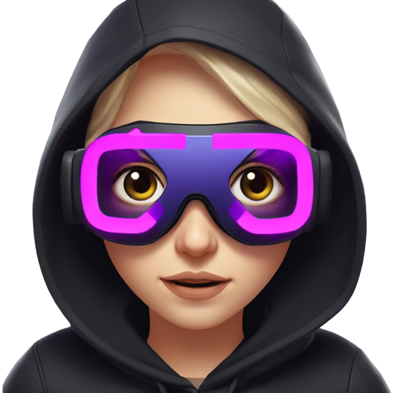Russian girl wearing black hoody with violet letters "OMG", in vr headset oculus quest2. No eyes on headset. Cyberpunk style. Violet neon. emoji