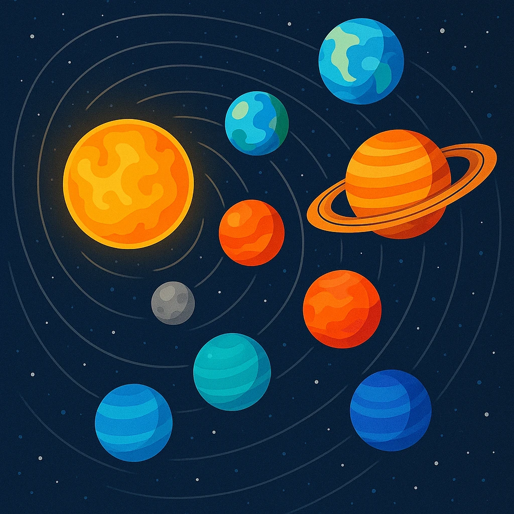 solar system with all eight planets, colorful, each planet distinct, vibrant colors, stylized, each planet unique and recognizable, simple and clear, each planet a different color, arranged in orbit emoji