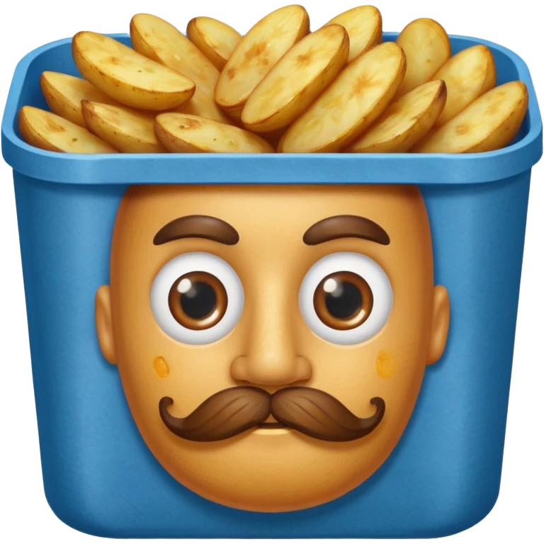 fried potatoes in a blue carton, carton has eyes and mustache emoji