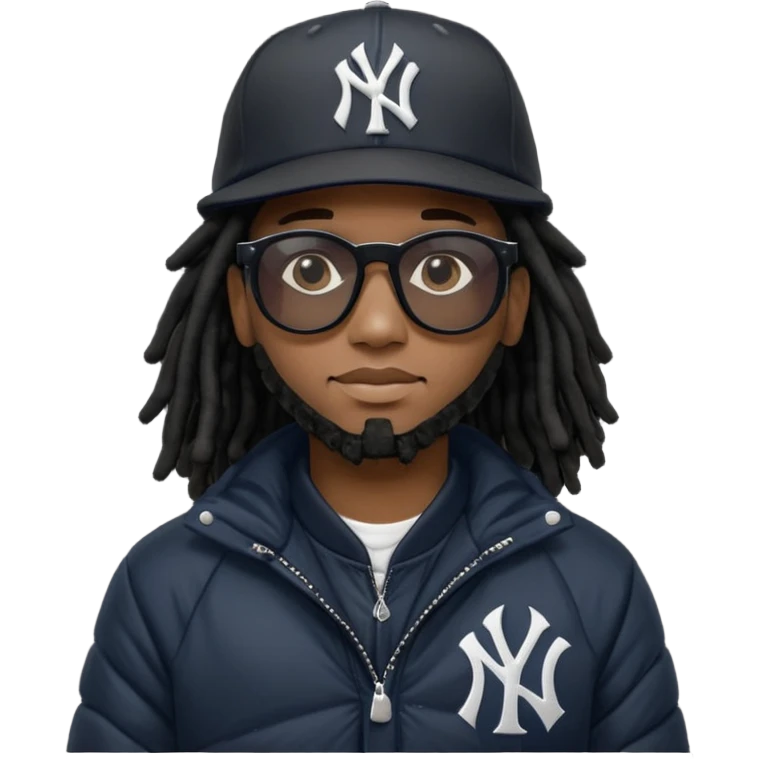 African American man brown skin complexion with black dreadlocks shoulder length wearing black bubble winter coat wearing black sunglasses wearing a New York Yankees fitted baseball hat and a black winter bubble coat emoji