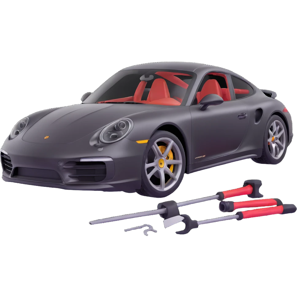 luxury Porsche car with a clearly visible dent on the bodywork, specific paintless dent repair tools such as rods, levers, and small hammers positioned to show active repair, elegant and modern emoji
