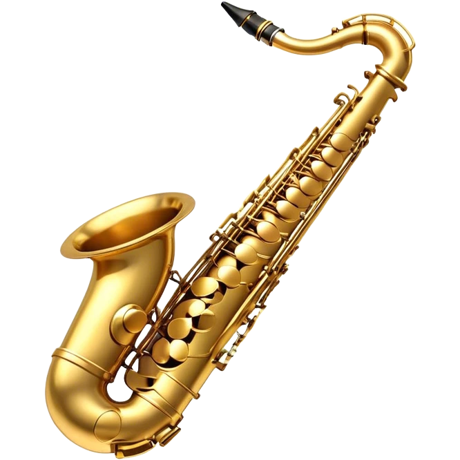 Create a sleek and sophisticated emoji representing a saxophone. The design should feature the shiny, golden body of the saxophone, with its smooth curves and metal keys clearly visible. Include subtle details like the mouthpiece with the reed and the bell at the end of the instrument. The keys should be delicately arranged, capturing the intricacy of the instrument. Use warm golden tones for the saxophone and add small musical notes floating around to evoke the smooth, soulful sound of the saxophone. The background should be transparent. emoji