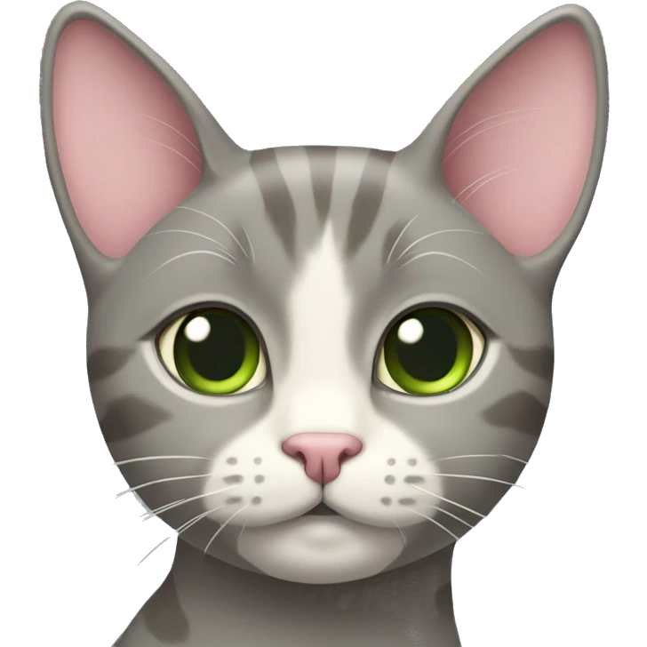 grey and tan cat with cream pattern on her forehead. Green eyes and a pink nose emoji