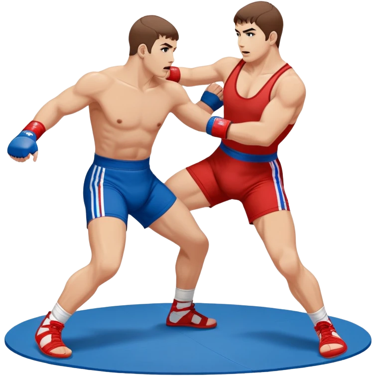Two Sambo fighters in blue and red gis with shorts and wrestling shoes, executing gripping and throwing techniques. The fighters are engaged in a dynamic, action-packed moment with no strikes. The background features a wrestling mat, focusing on the technique and control. Transparent background  emoji