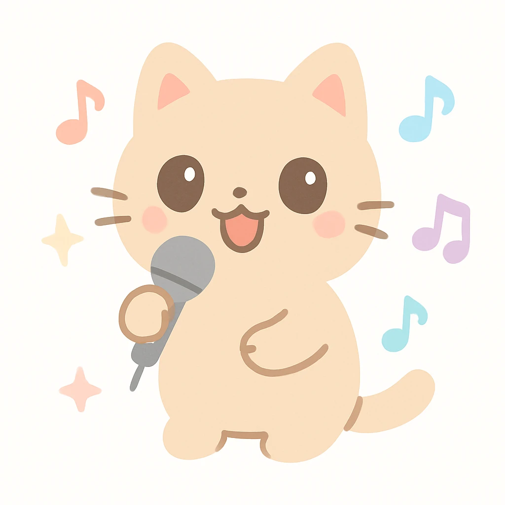 a cat singing into a microphone, musical notes around, cute style emoji