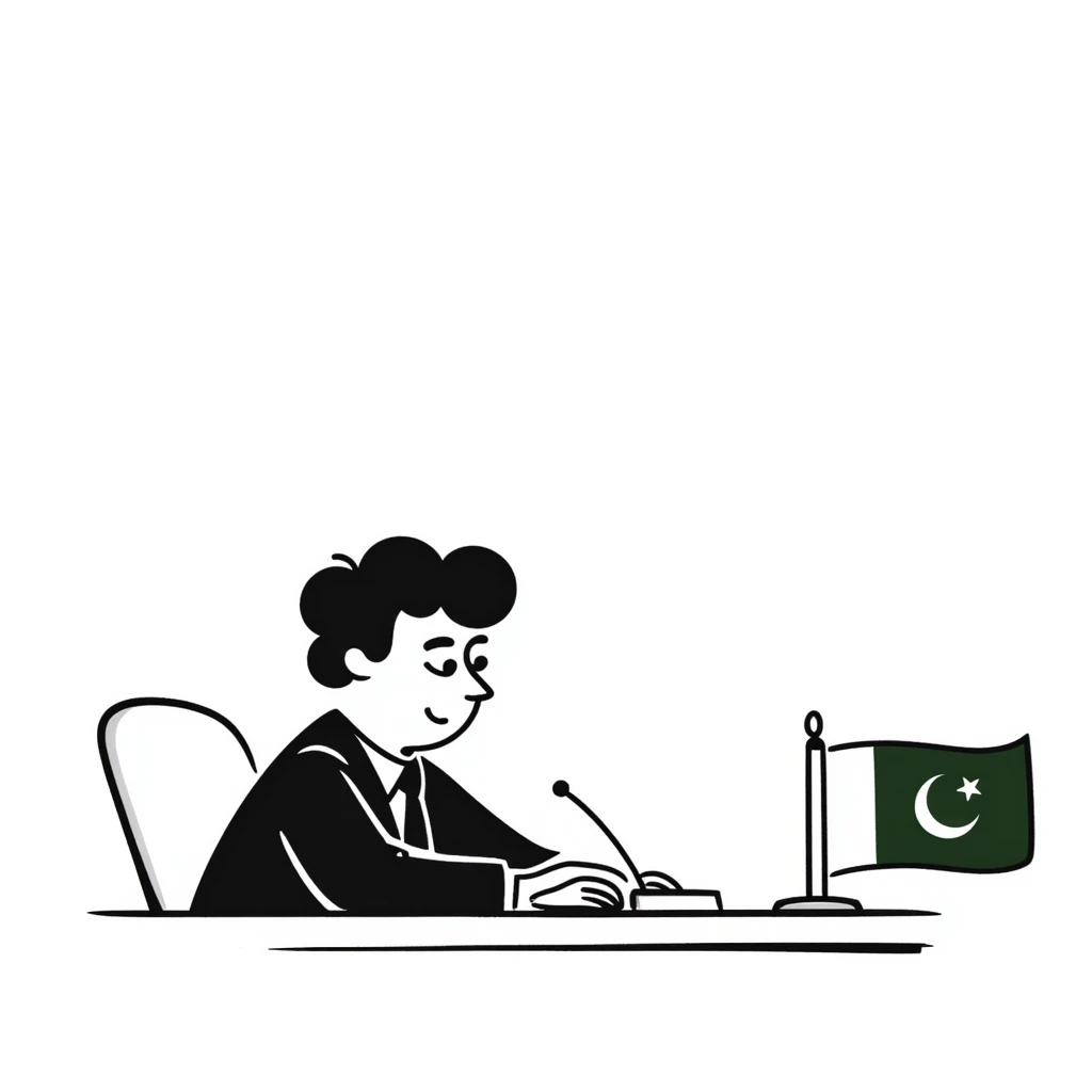 Pakistani diplomat at international conference with Pakistan flag on table emoji
