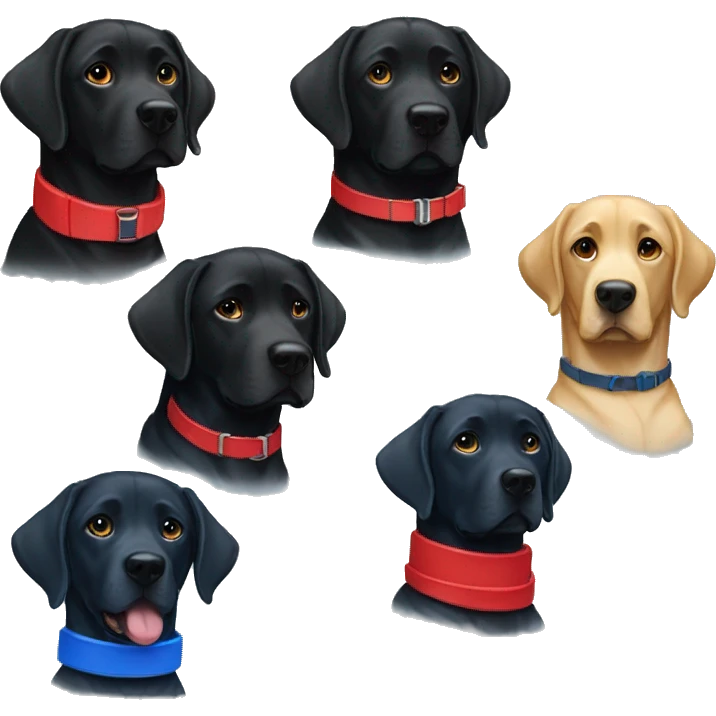 2 black labradors, 1 red collar, 1 blue collar. emoji