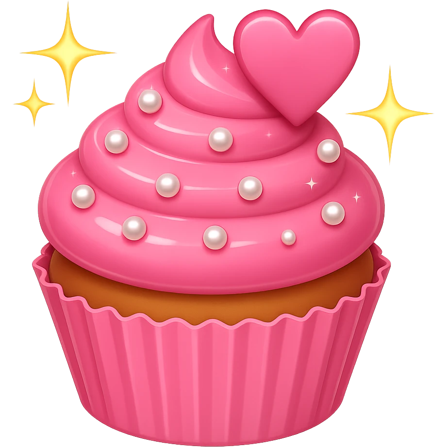 Make the cupcake pink with pearls and sparkles in emoji style, no background. The style should resemble apple style emojis with a clean and concise look. emoji