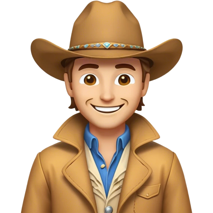 Clash of Clans aesthetic Cheerful Cowboy Portrait Emoji, With a bright, confident smile and a relaxed, adventurous stance, showcasing a stylized, spirited build in a duster coat and classic hat, his face rendered in natural skin tone, Simplified yet expressive features, highly detailed, glowing with a soft, golden western radiance, high shine, upbeat and daring, stylized with an air of classic cowboy allure, soft glowing outline, capturing the essence of a cheerful cowboy ready to gallop into epic adventures! emoji