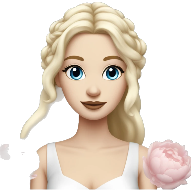 White bride with long light blonde hair and blue eyes with light pink peonies in hair white skin  emoji