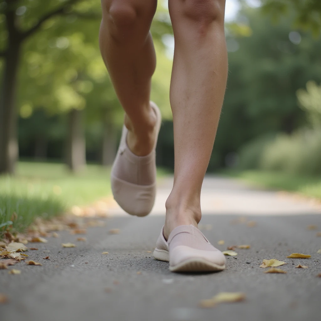 realistic 4K woman walking outdoors with insole, first steps confident and smiling, then slowing and stopping visibly disappointed by return of pain emoji