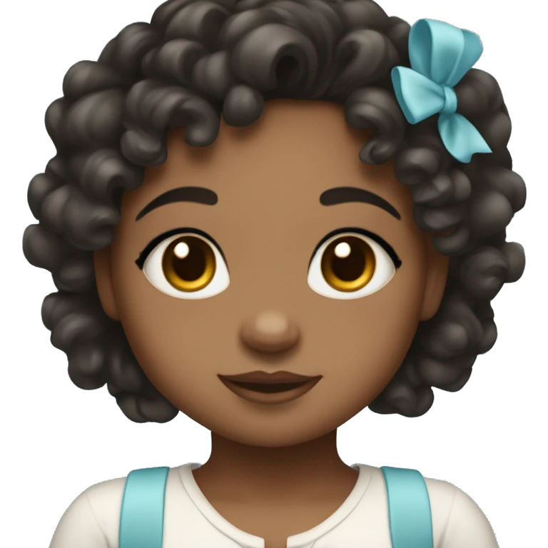 A brow skin little girl with black curly wavyish hair and a baby blue bow emoji