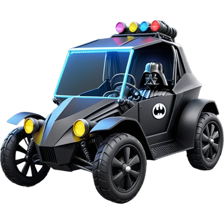Mad max survival apocalypse ghostly sporty Darth Vader’s Batman-armored 1876 black graphite colored school buggy with horizontal holographic 3d stars painted on the body sides and neon under glow  emoji