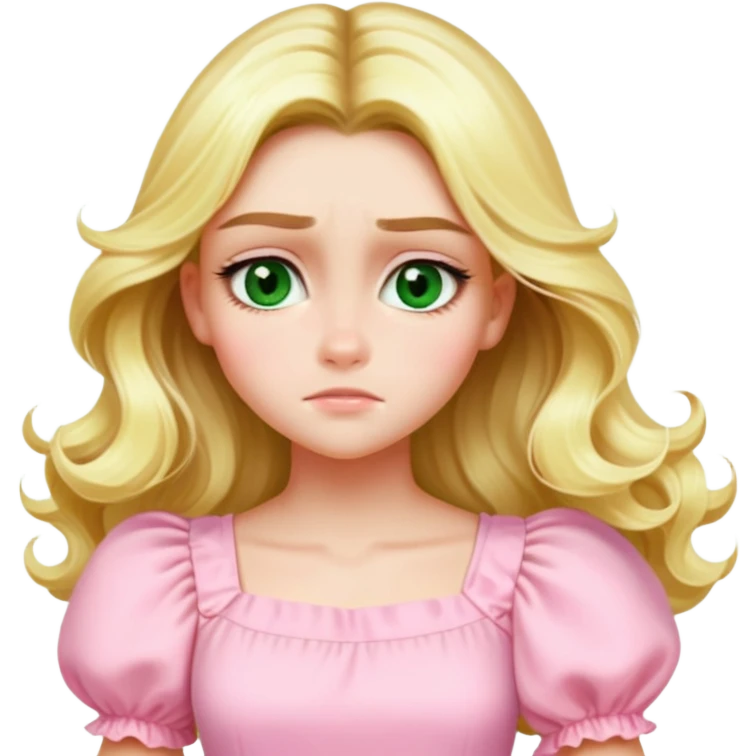 Create an emoji-style illustration of a blonde girl with long wavy hair, green eyes, and a pink pastel puff-sleeve dress, matching the Apple emoji style of the reference image. Keep her facial features, hairstyle, and outfit identical. Generate a joyful expression. emoji