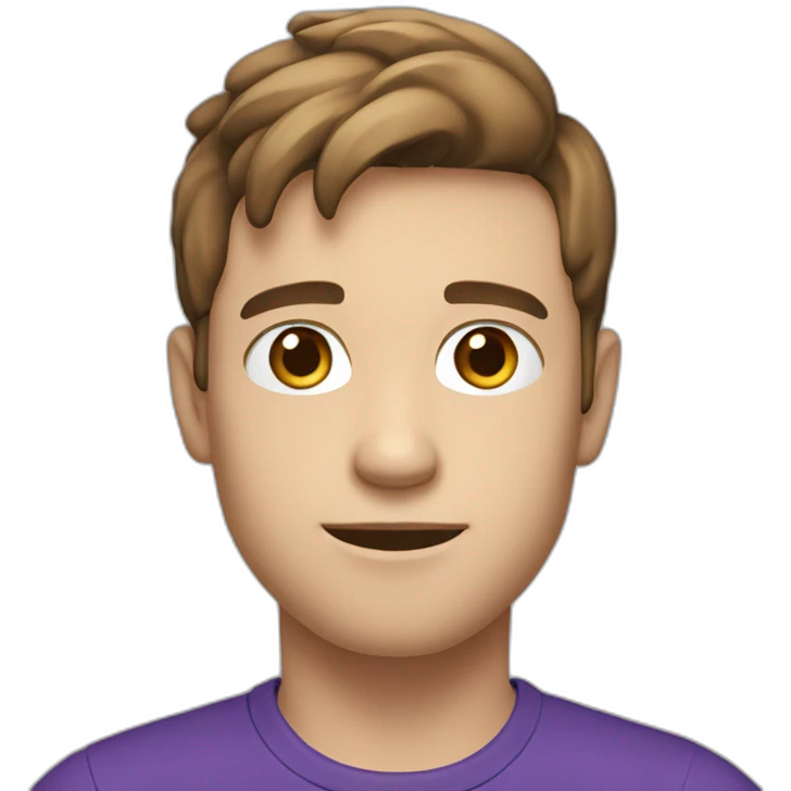 young french man, hand up, brown short hair, purple t-shirt, white skin, head large emoji