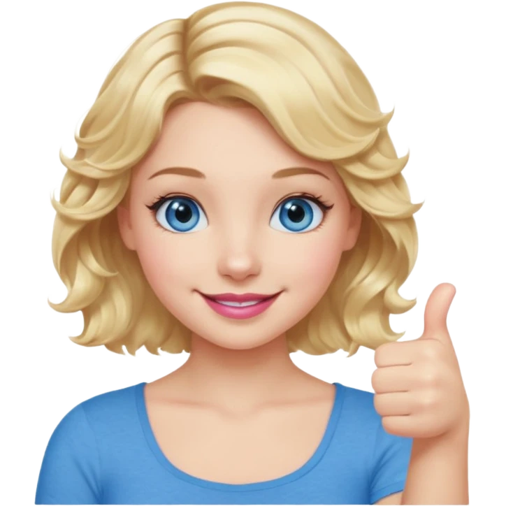 Girl Blonde short wavy hair,  blue eyes, cute blue top, long lashes, pink lips, smiling, thumbs up emoji