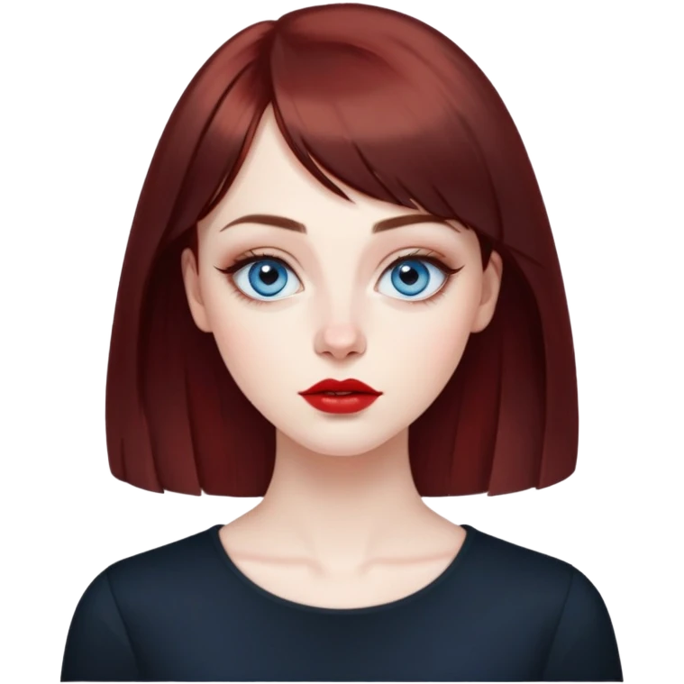 Artistic young woman with pale skin, oval face, large expressive blue eyes with eyeliner, thin arched eyebrows, small nose, full lips with red lipstick, dark auburn hair that's straight with slight waves at ends, straight bangs, wearing a black top, warm creative expression emoji