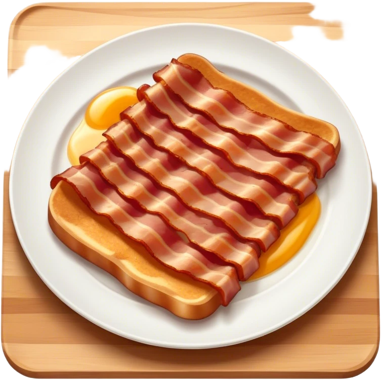 Cinematic crispy sizzling bacon, slightly curled, golden-brown with a perfect crunch, glistening with rich flavor, deep warm tones, served on a breakfast plate, comforting and indulgent. emoji