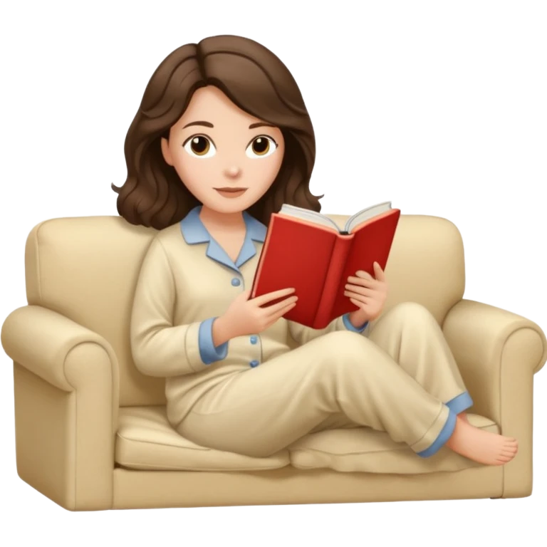 Woman with brunette hair reading on sofa. Soft wavy hair. Beige ivory pyjamas  emoji