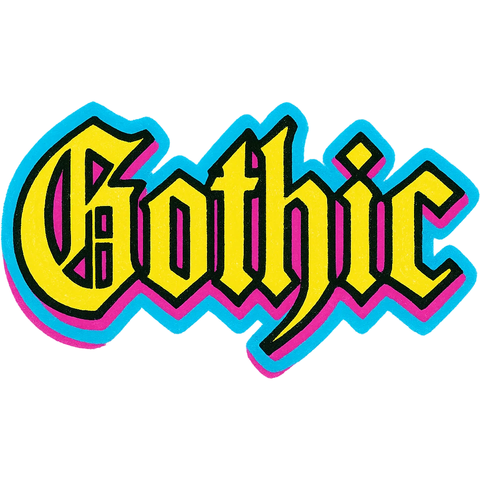 the word 'Gothic' in ornate gothic calligraphy, pop colors style emoji