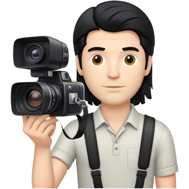 a white man with black mullet hair holding a foto camera emoji