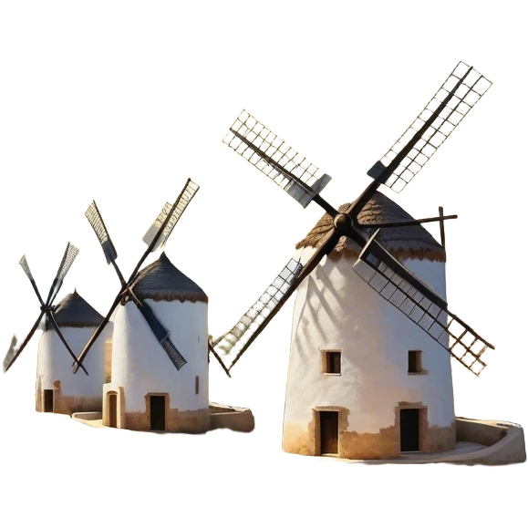 ​Cinematic Realistic Spanish Windmills (Mota del Cuervo), depicted as a cluster of gracefully aged windmills with weathered whitewashed facades and rustic wooden sails, standing proudly on a sunlit, rolling hillside of golden fields and olive groves, rendered with intricate textures and soft natural lighting that captures the timeless rural charm and historical significance of the Spanish landscape, emoji