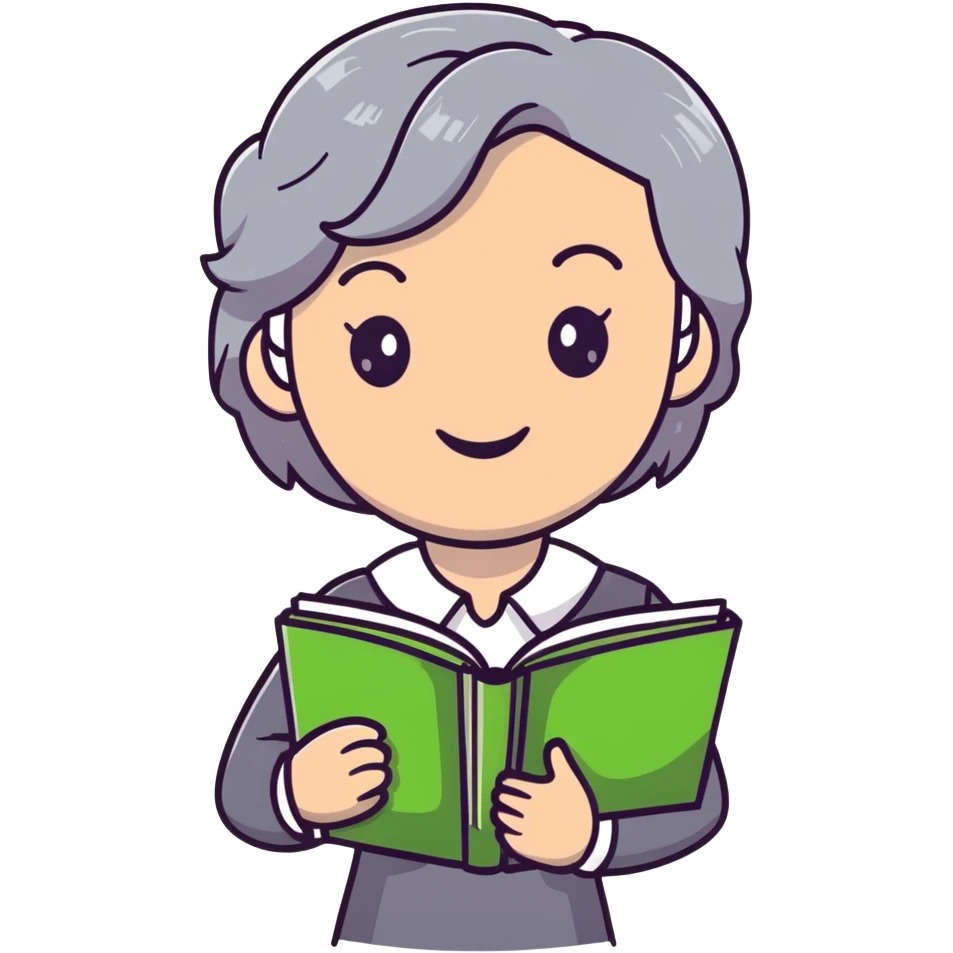 smiling English teacher with airtouch hair and grey-green eyes holding books and teaching materials emoji