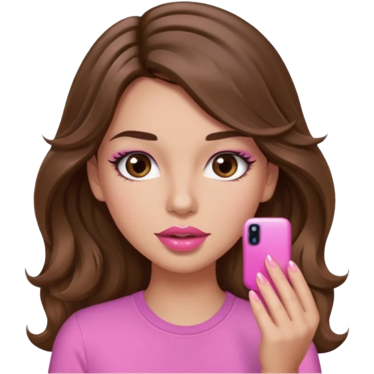 girl with long wavy brown hair, brown eyes, light to medium complexion, in a pink shirt, pink lips, long lashes, puckered lips, just had my nails done emoji