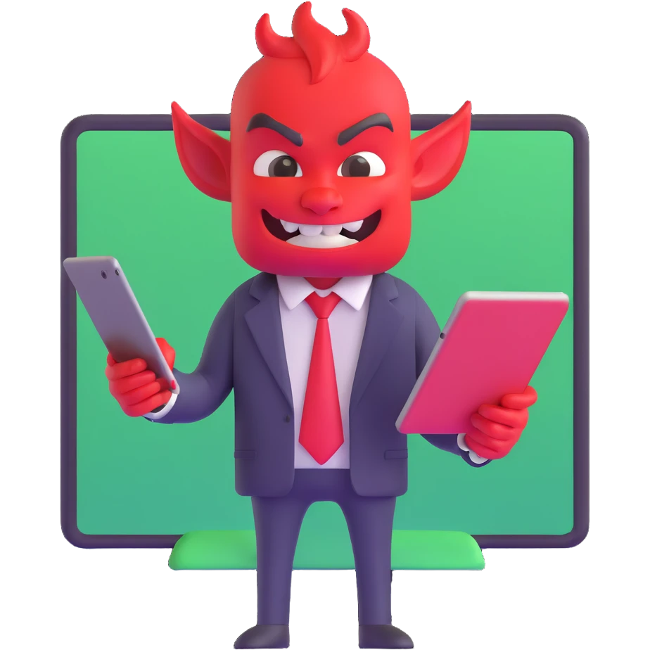 red devil in business suit with tablet selling digital courses emoji