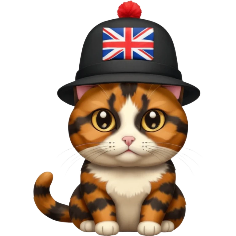 tortoiseshell cat with a british hat, a little sassy. mostly black and brown emoji