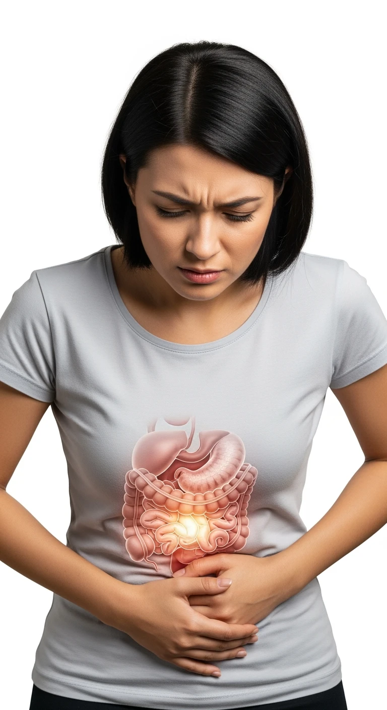 DONNA CON PANCIA DOLORANTE E INTESTINO UMANO ANATOMICO VISIBILE, ISOLATO SU SFONDO BIANCO emoji