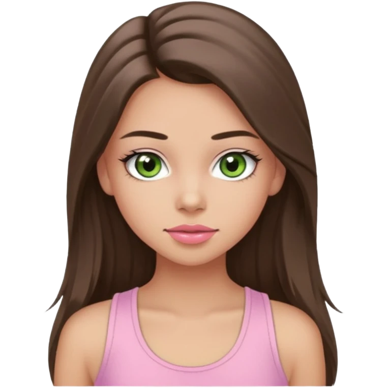 Create a teen girl wearing a light pink tank top. She will have long brunette hair, tan skin, pink lips, and grey-green eyes. She has long eyelashes. emoji