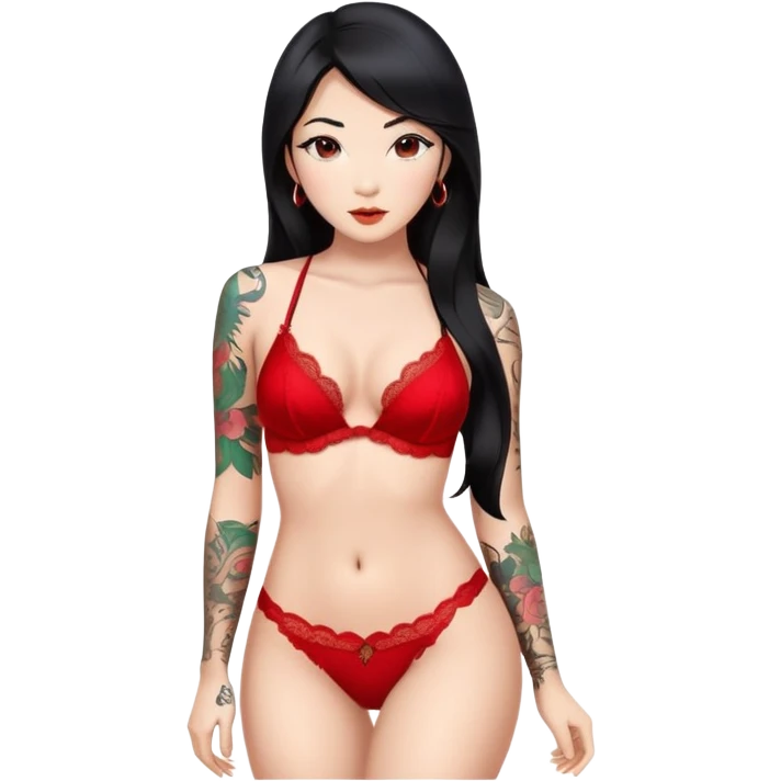 Beautiful Asian woman with long black hair and tattoos on body wearing red lingerie sexy pose sfw emoji
