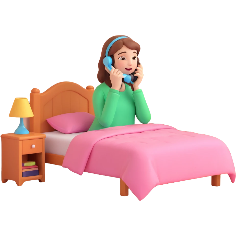 girl talking on phone bedroom background, close up pose emoji