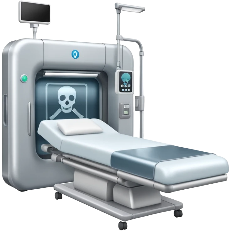 A radiology room showing an X-ray machine and sliding panel bed.
 emoji