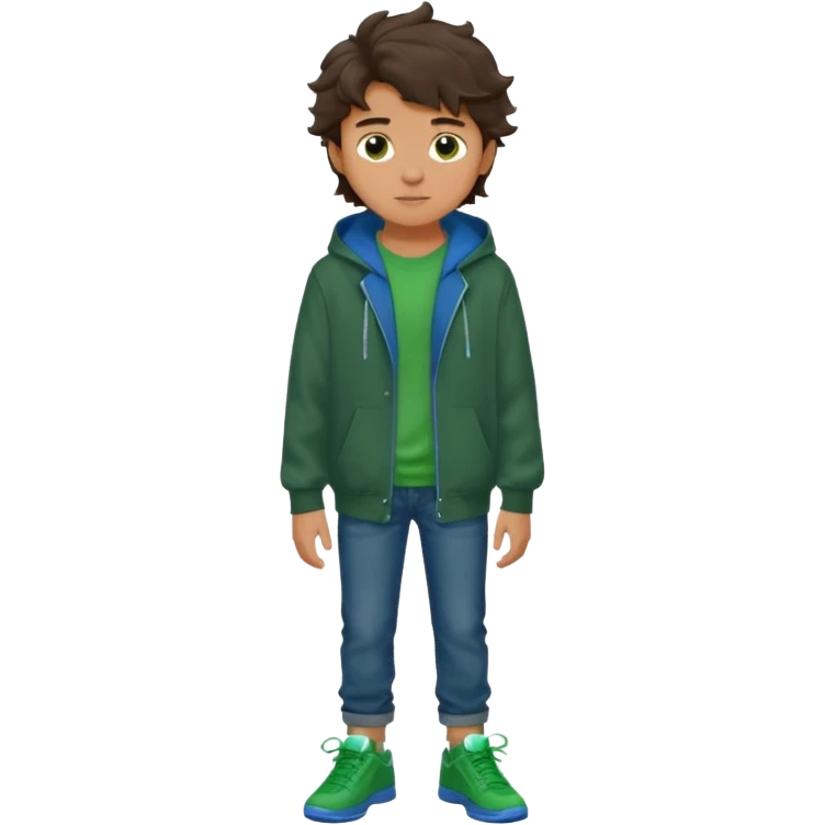 a 14 year old slightly tanned teenage boy with dark brown tousled wavy hair, wearing a green tshirt, with a dark green hoodie overcoat with blue jeans and green shoes emoji