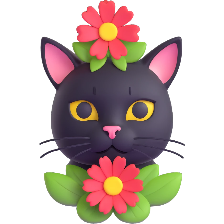 A black cat with a flower on its head in a field of flowers, close-up emoji