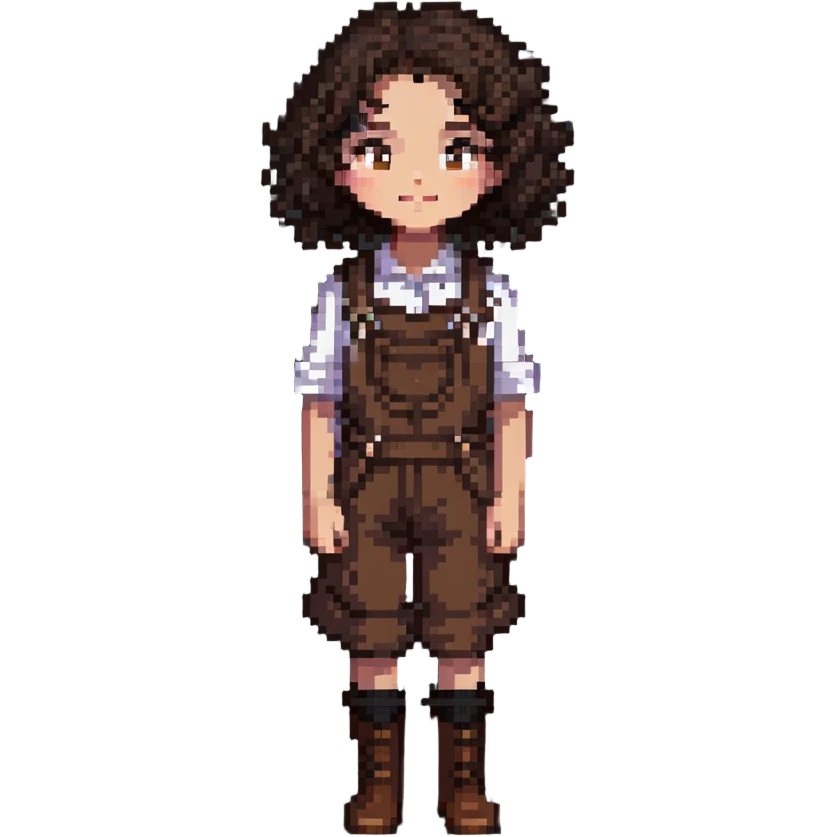 white girl with dark brown curly hair, brown eyes, wearing farm clothes emoji
