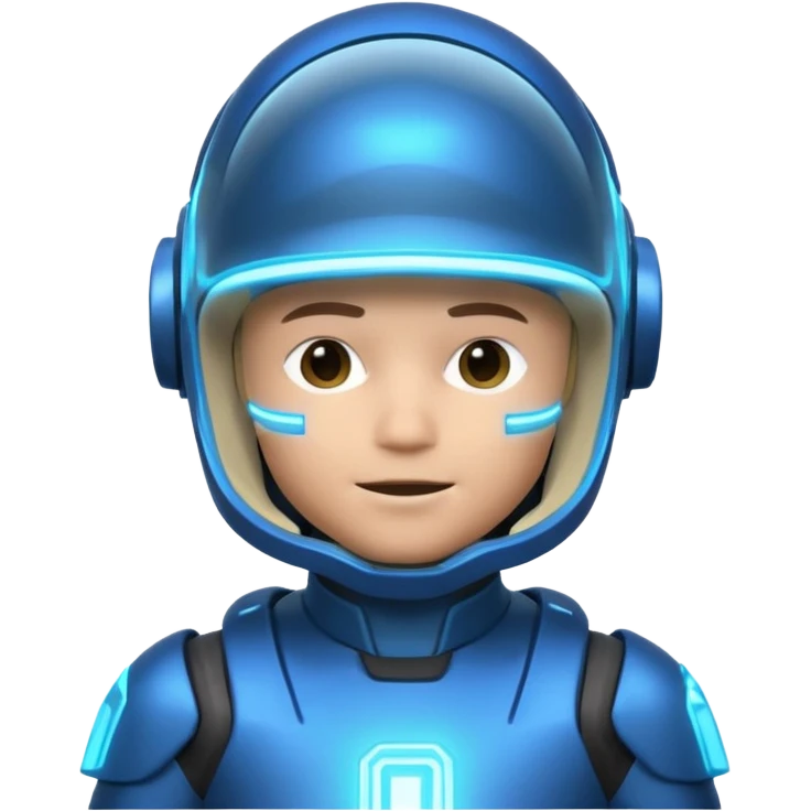 “Futuristic Roblox boy emoji, 2050 style. Blue neon visor, cyber helmet, metallic skin glow, hologram lines, tech-suit with glowing seams, soft neon background.” emoji