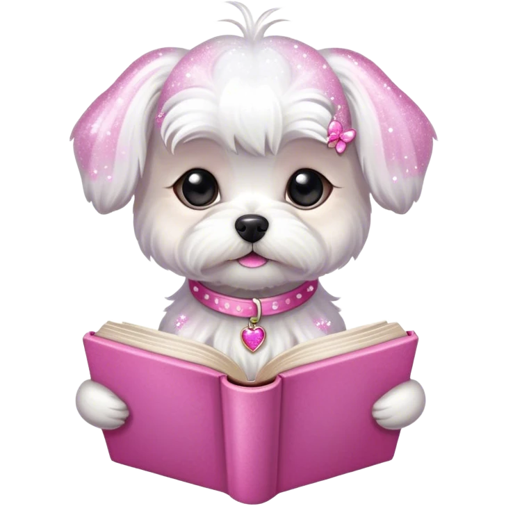 small maltese with a book and pink sparkles emoji