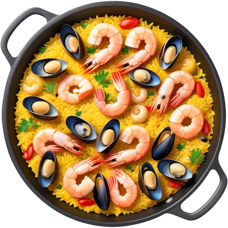 seafood paella in a pan with shrimp, mussels, rice, and saffron emoji