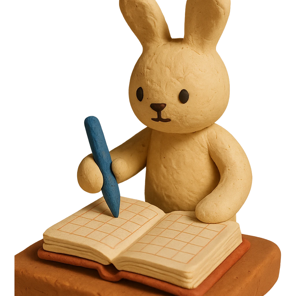 cream bunny writing in planner, standing, claymation style emoji
