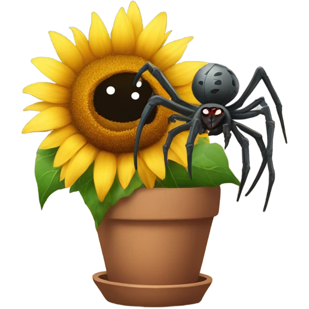 Majestic spider growing out of sunflower pot like a flower emoji