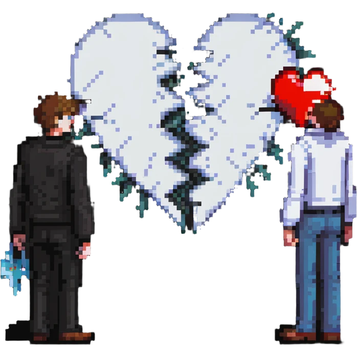 two men gay couple breaking up with a shattered heart between them emoji
