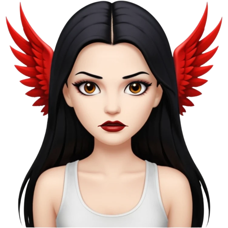 White woman with a white tank top long black hair glossy middle part straight long hair vamp look with fangs brown eyes eyeliner winged with lashes top and bottom white border big lips black eyebrows emoji
