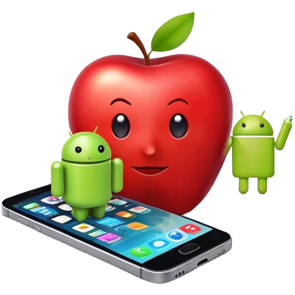 an apple with an android and a smartphone emoji