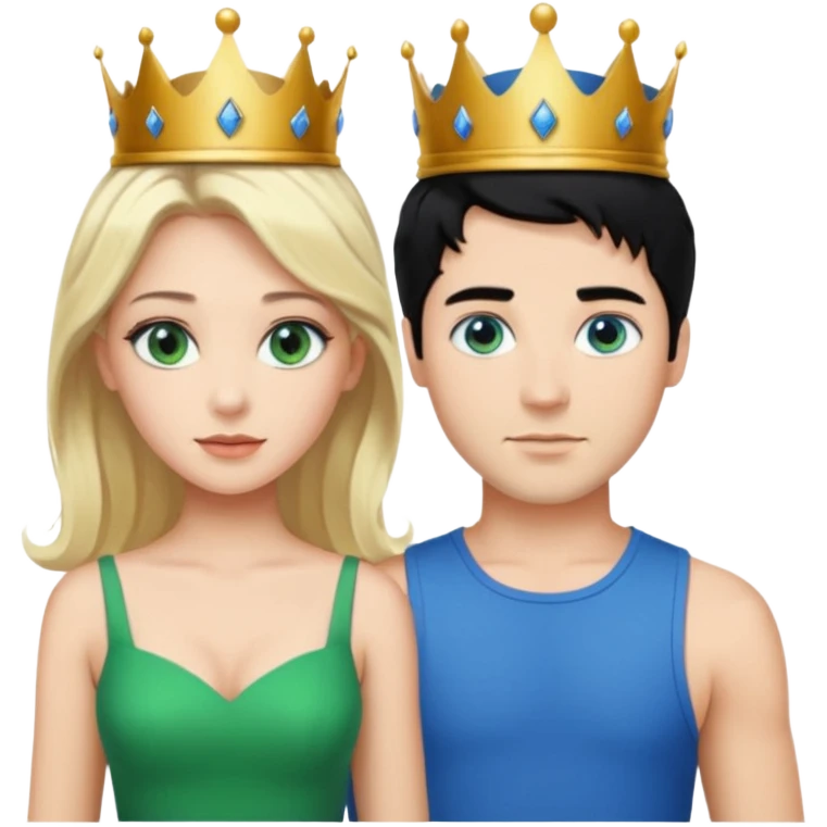 Prince with crown, black hair, body, legst, blue eyes, woman blonde hair, green eyes, sexy white short sleveless dress,  emoji
