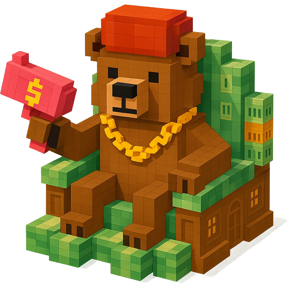 Russian grizzly bear with a rapper chain and a money gun, sitting on a throne of cash, in a luxurious mansion emoji