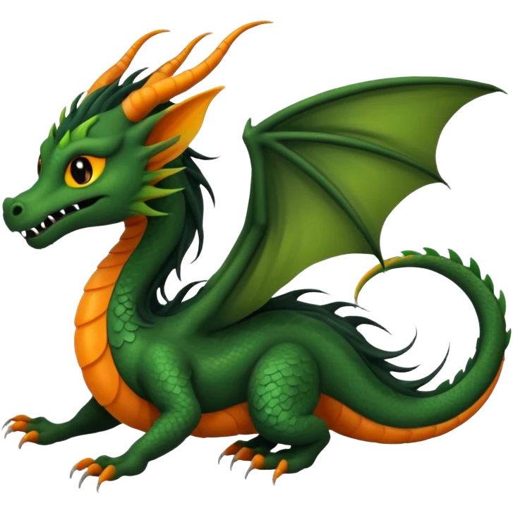 Black, green, orange, grey, Asian noodle-dragon, with black sclera, long mane, long whiskers, long tail, gliding flying, no wings emoji